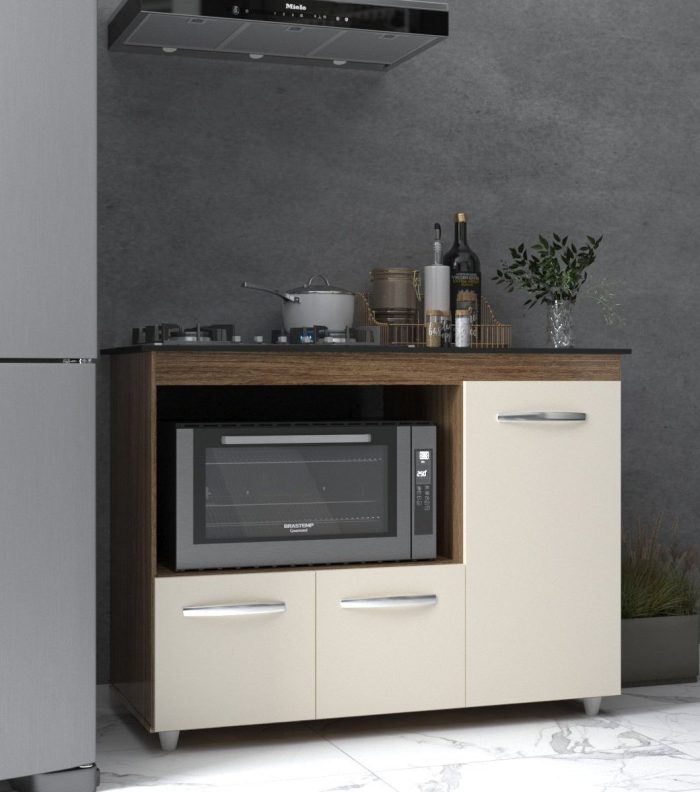 Balcão Armário Gabinete de Cozinha Para Fogão Cooktop 4 Bocas e Forno 3 Portas Alana Mobília Decor Savana Off White - Imagem 3