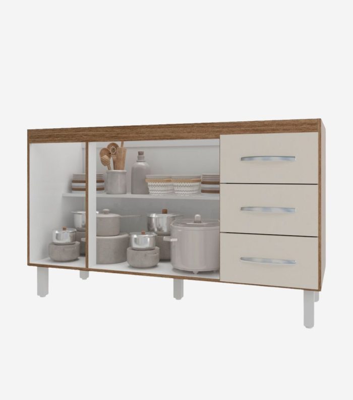 Balcão Armário Cozinha Gabinete Pia de 140 cm Carine com 3 Portas e 3 Gavetas Savana Off White - Imagem 1