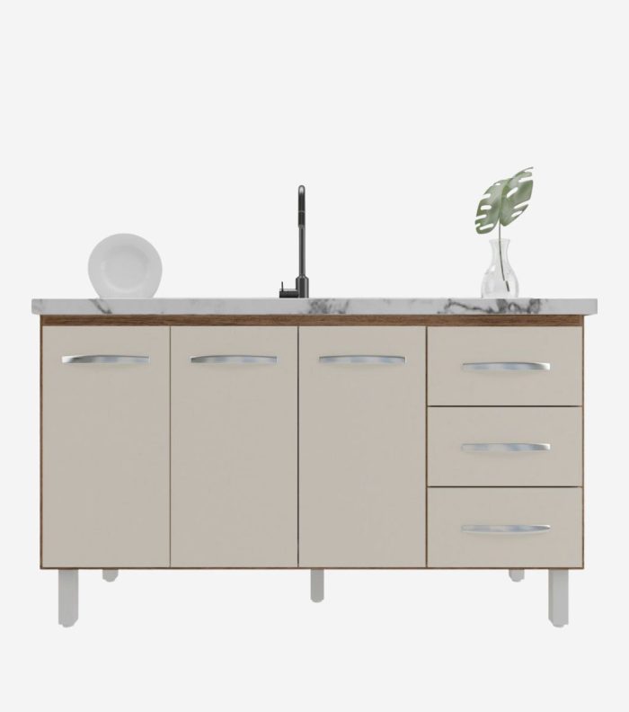 Balcão Armário Cozinha Gabinete Pia de 140 cm Carine com 3 Portas e 3 Gavetas Savana Off White - Imagem 2