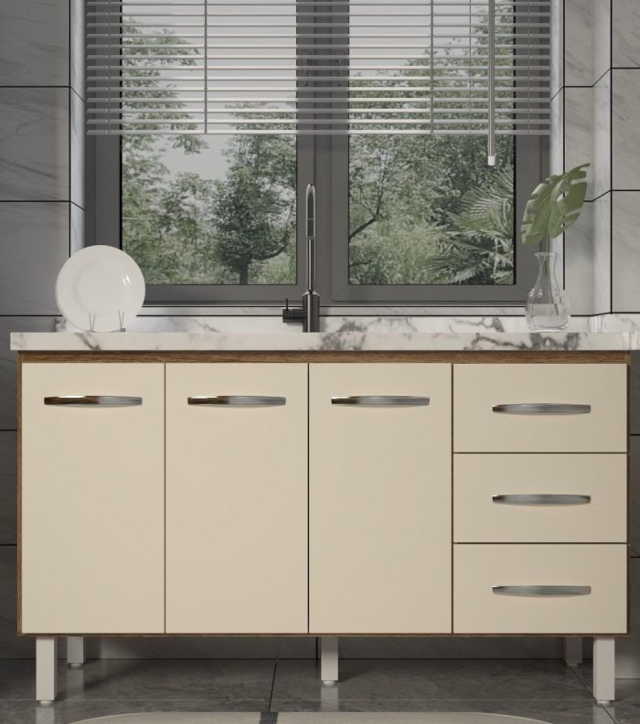 Balcão Armário Cozinha Gabinete Pia de 140 cm Carine com 3 Portas e 3 Gavetas Savana Off White - Imagem 3