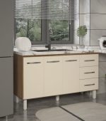 Balcão Armário Cozinha Gabinete Pia de 140 cm Carine com 3 Portas e 3 Gavetas Savana Off White - Imagem 4