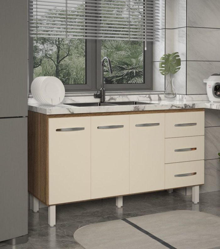 Balcão Armário Cozinha Gabinete Pia de 140 cm Carine com 3 Portas e 3 Gavetas Savana Off White - Imagem 4