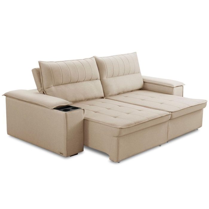 Sofá Retrátil Reclinável 3 Lugares Sala De Estar 210cm Hilst F04 Linho Bege - Lyam Decor - Imagem 4