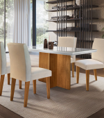 Conjunto de Mesa de Jantar Berlim II com Tampo de Vidro Off White e 4 Cadeiras Grécia Veludo Creme