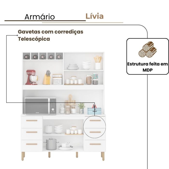 Armário de Cozinha Lívia 1,57m com 6 Portas Branco - Imagem 3