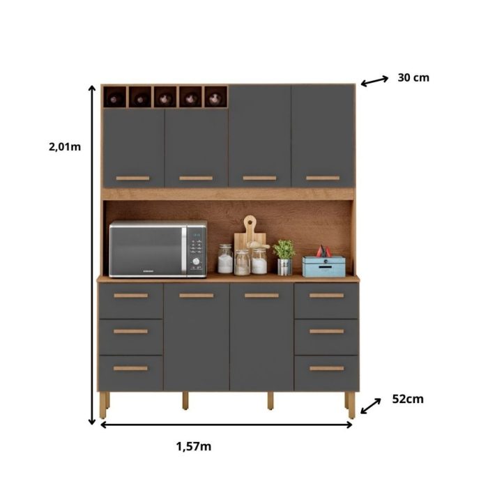Armário de Cozinha Lívia 1,57m com 6 Portas Amêndoa Grafite - Imagem 2