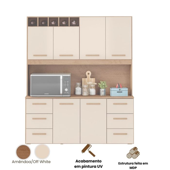 Armário de Cozinha Lívia 1,57m com 6 Portas Amêndoa Off White - Imagem 4