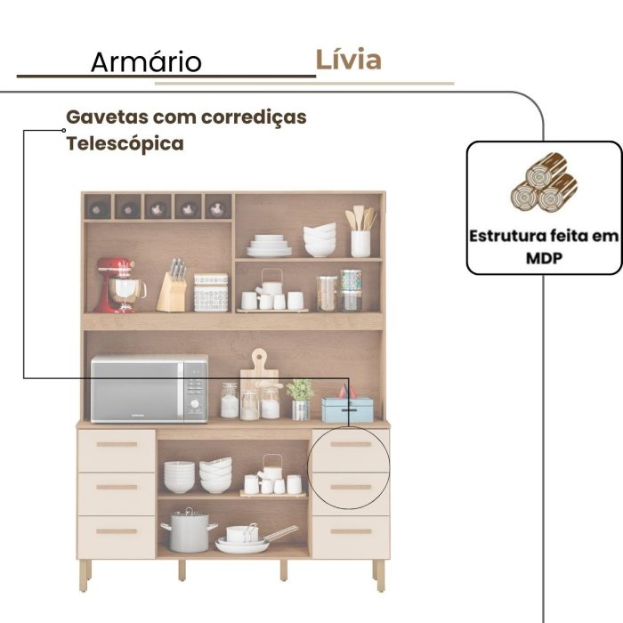 Armário de Cozinha Lívia 1,57m com 6 Portas Amêndoa Off White - Imagem 5