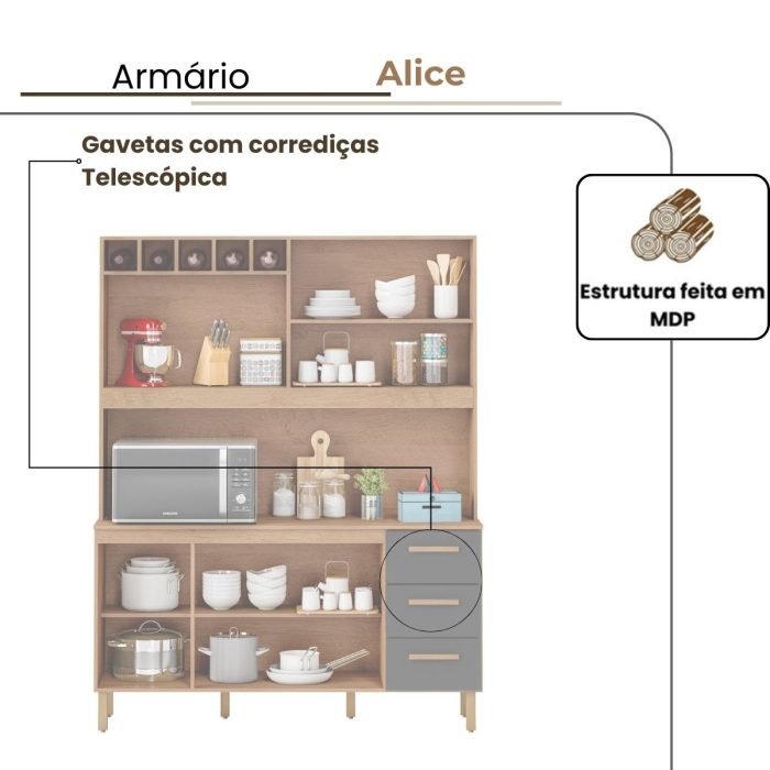 Armário de Cozinha Alice 1,57m com 7 Portas Amêndoa Grafite - Imagem 3