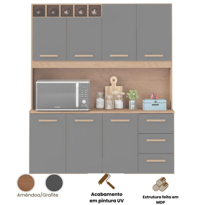 Armário de Cozinha Alice 1,57m com 7 Portas Amêndoa Grafite - Imagem 4