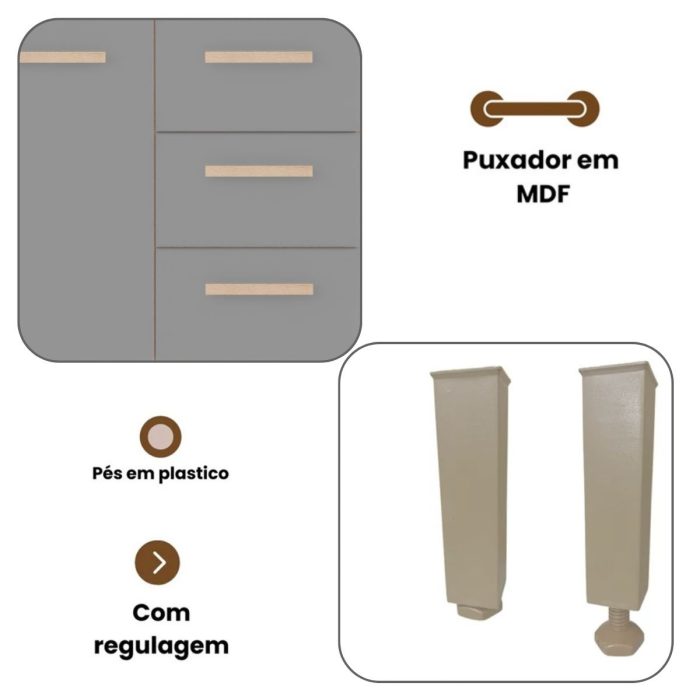 Armário de Cozinha Alice 1,57m com 7 Portas Amêndoa Grafite - Imagem 5