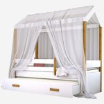 Cama Montessori Cabana Com Auxiliar Colchão E Voal Branco