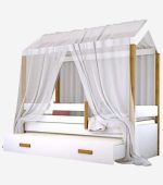 Cama Montessori Cabana Com Auxiliar Colchão E Voal Branco