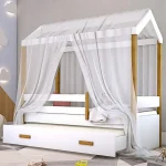 Cama Montessori Cabana Com Auxiliar Colchão E Voal Branco - Imagem 2